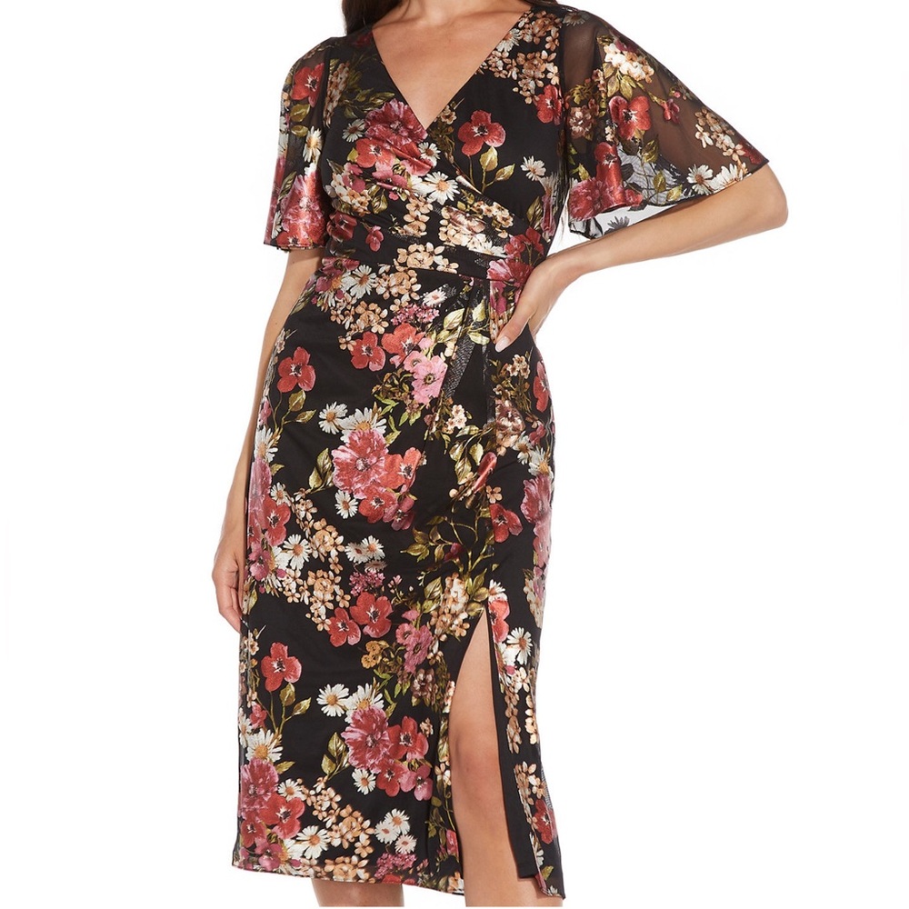 New! Adrianna Papell Floral-Print Metallic Flutter-Sleeve. Women’s size 14